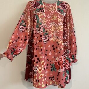 Umgee Pink Floral Dress Sz S Colorful Balloon Puff Sleeve Short Romantic Boho